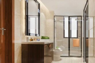 3d rendering modern wood stone white bathroom