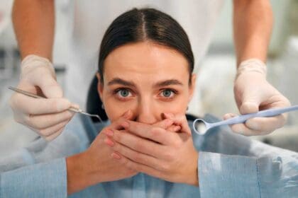 afraid dentist fear doctor scared nervous patient hospital upset woman with phobia having panic attack clinic before medical operation