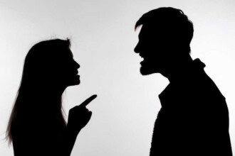 aggression abuse concept man woman expressing domestic violence studio silhouette isolated white background