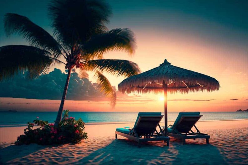 beautiful tropical sunset scenery two sun beds loungers umbrella palm tree 1