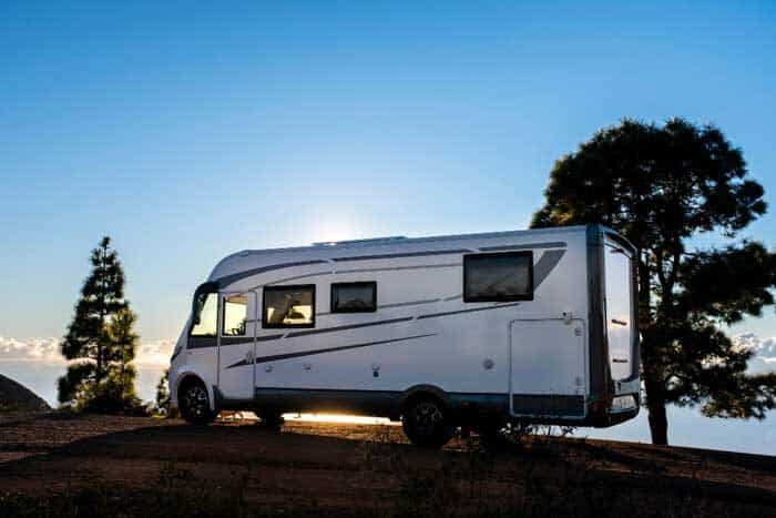 big camper motorhome parked off road nature space enjoy total freedom off grid lifestyle vanlife travel with camping car discover beauty world