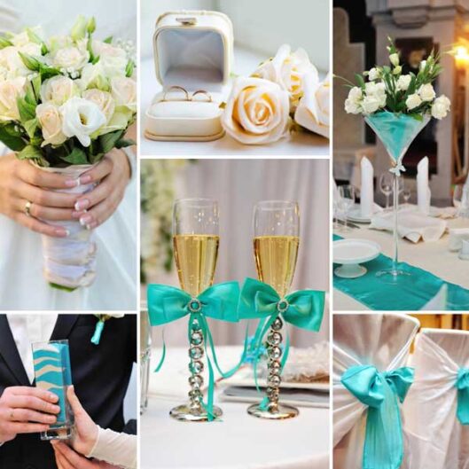 collage wedding pictures decorations turquoise blue colors