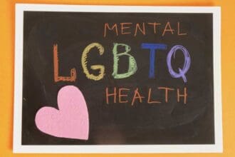 coloful inscription mental lgbtq health black chalkboard orange background pride concept