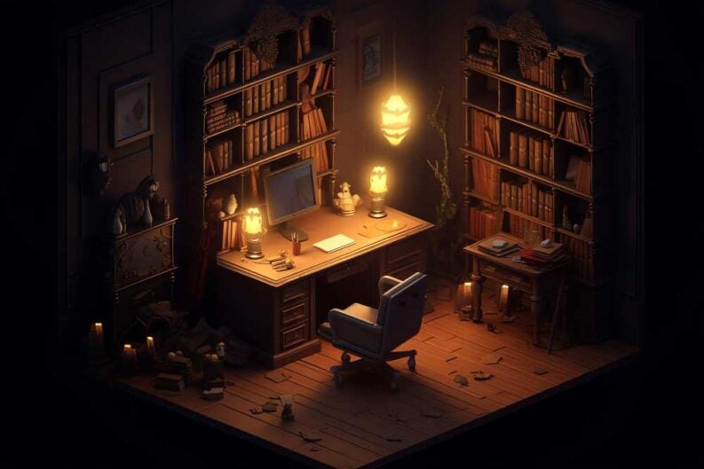 dark room with desk lamp that says room is dark room