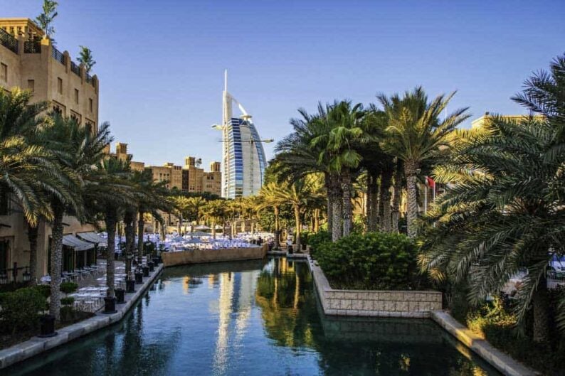 dubai uae 10 october 2017 view burj al arab hotel from madinat jumeirah dubai uae burj al arab with 321 meters high is most luxurious 7 star hotel symbol modern dubai