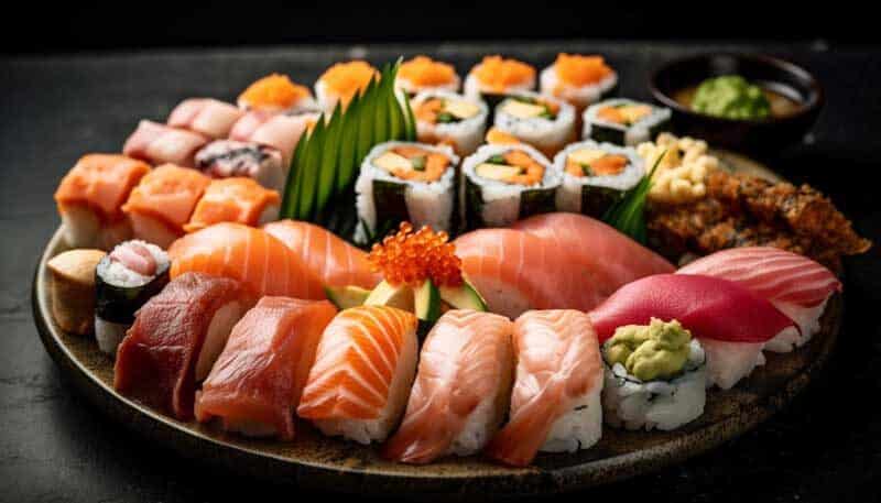 fresh seafood collection sushi plate with variety generated by ai