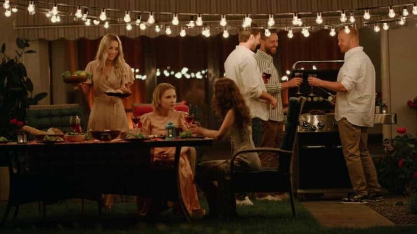 friends enjoying barbeque party men preparing meat women talking table