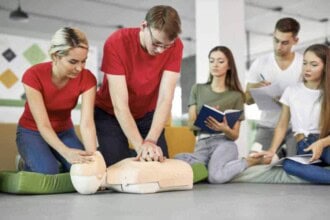 group young caucasian people learning how safe life sitting together