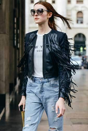 how to wear jeans spring denim fringe jacket