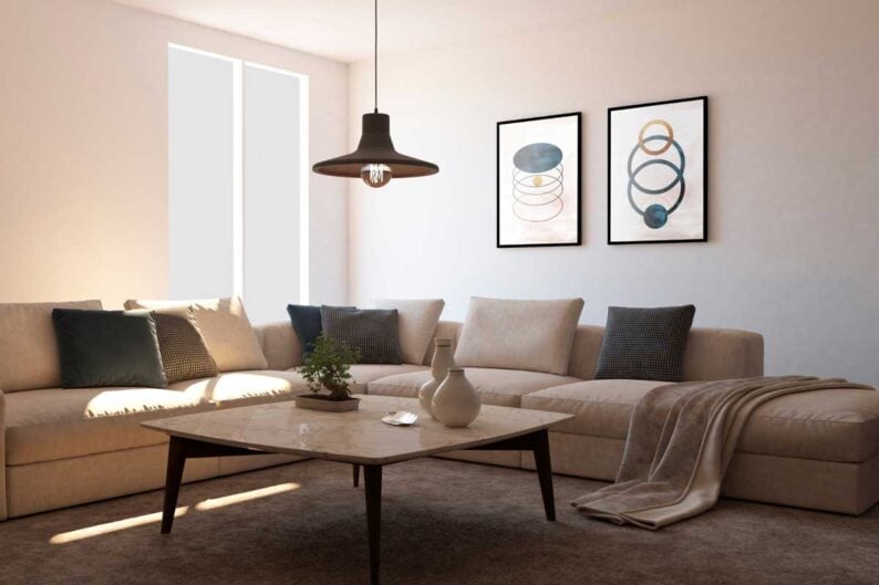 interior design with photoframes couch