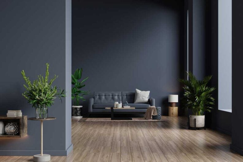 interior living room with sofa empty dark blue wall 3d rendering