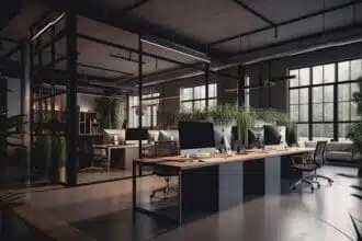 large office space with large glass wall desk with computer it