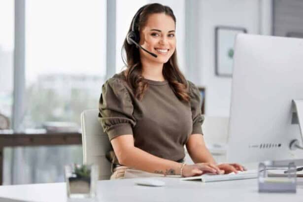 let me see what i can cropped portrait attractive young female call center agent working her desk office