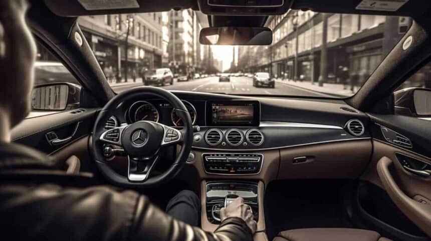 man drives mercedes benz car with steering wheel visible