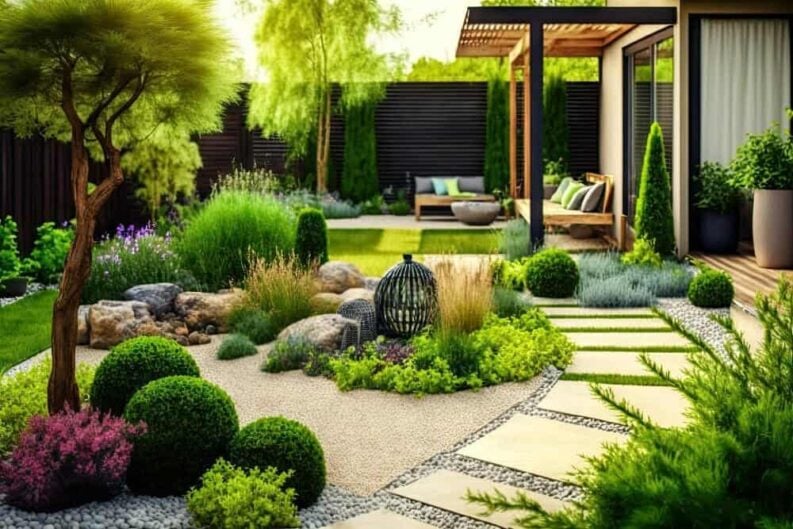 modern garden landscaped with lawn plants pots cozy backyard