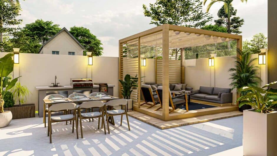 modern pergola with seating area design rendering