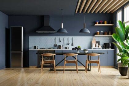 modern style kitchen interior design with dark blue wall 3d rendering