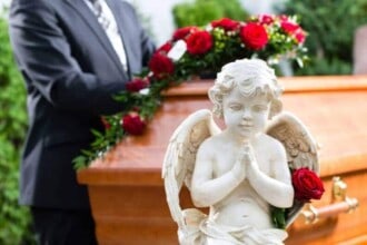 mourning man funeral with coffin