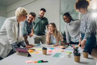 multiracial business team meeting modern bright office