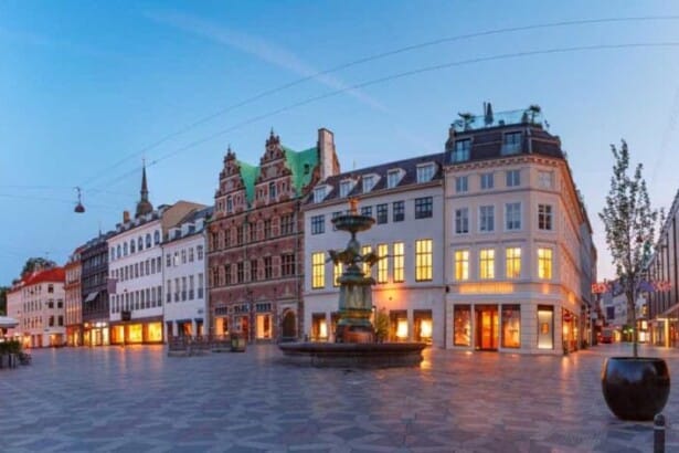 panorama amagertorv square stroget street during morning blue hour copenhagen capital denmark