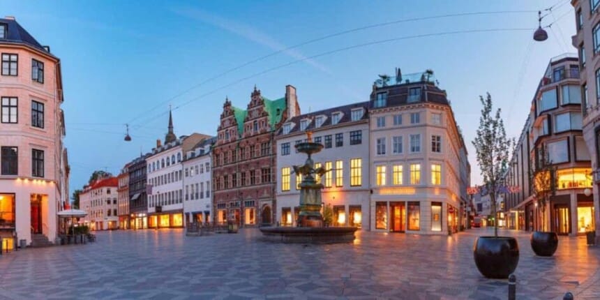 panorama amagertorv square stroget street during morning blue hour copenhagen capital denmark