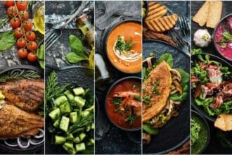 photo collage set food dishes black stone background
