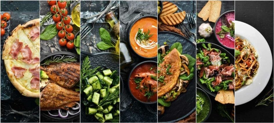 photo collage set food dishes black stone background