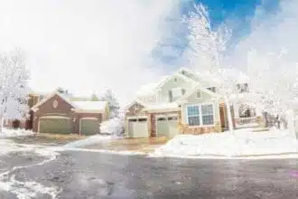 residential neighborhood after spring snow storm