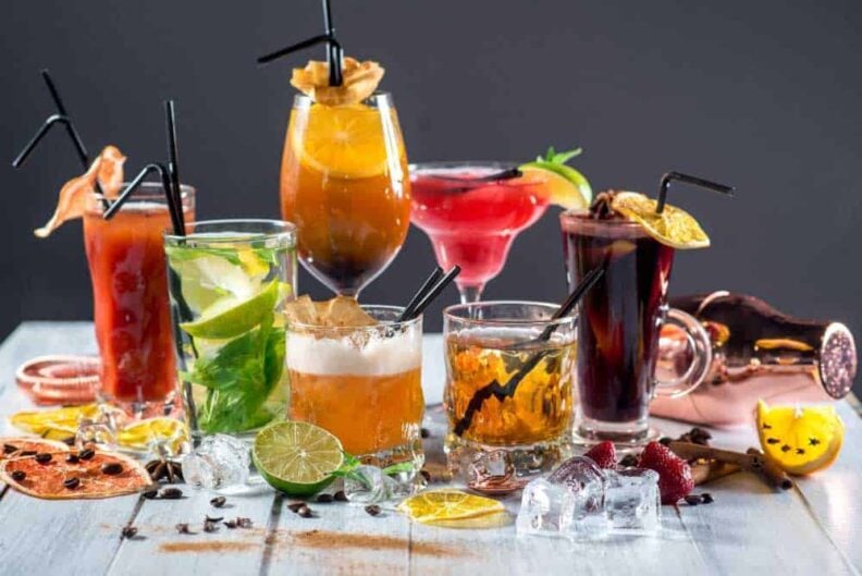 set different colored cocktails bar