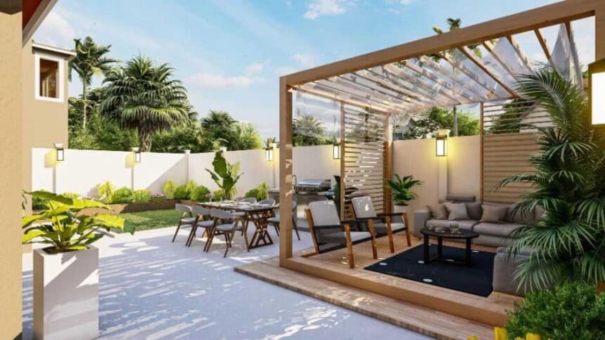 small backyard pergola dining area 3d design with high quality render 1