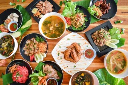 thai food served dining table tradition northeast food isaan delicious plate with fresh vegetables