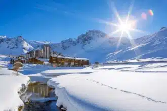 view tignes village with sun france