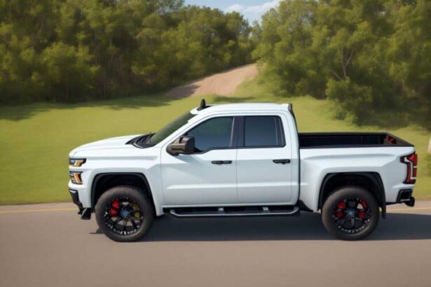 white truck with red black wheels