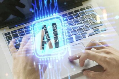 double exposure creative artificial intelligence icon with hands typing laptop background neural networks machine learning concept