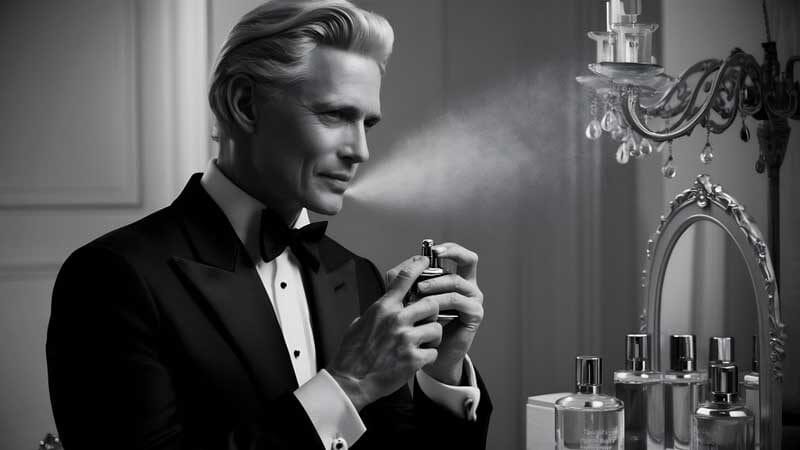 Caucasian elegant man spraying perfume