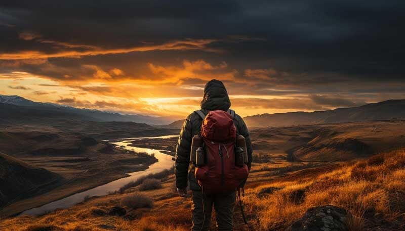 Men hiking mountain peak enjoying nature beauty in sunset glow