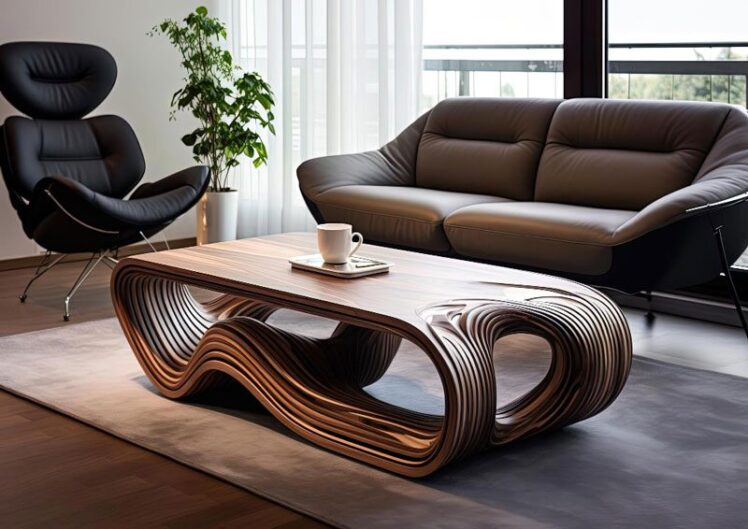 a coffee table with a wooden base and top in the style of vincen