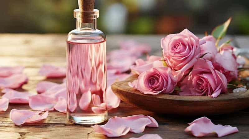 glass of bottle essential oil with rose petals original 1