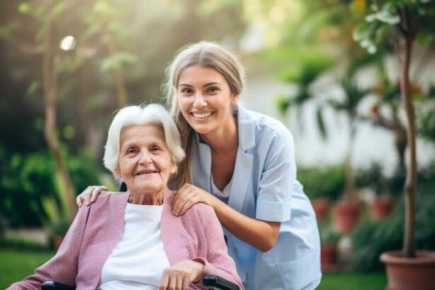 happy smiling nurse taking senior woman on walk