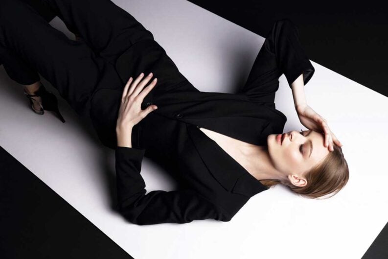 high fashion portrait of young elegant woman in black suit original 1