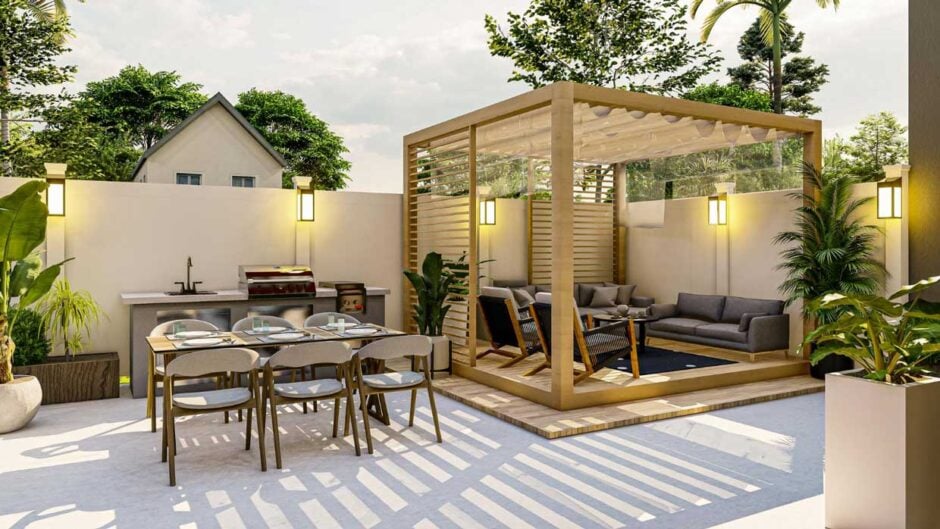 modern pergola with seating area design and rendering