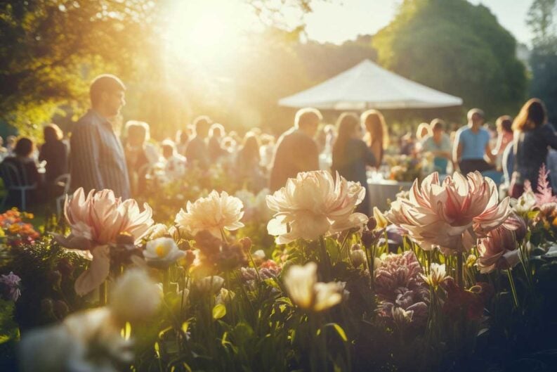 sunlit garden party with guests