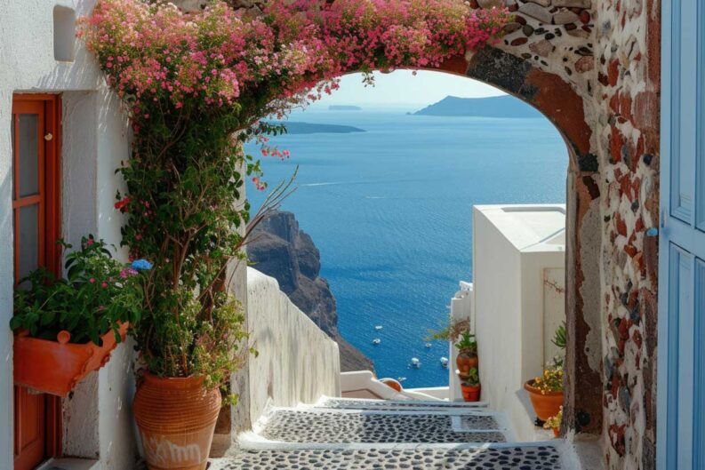 view of the sea from the house through the arch santorini island