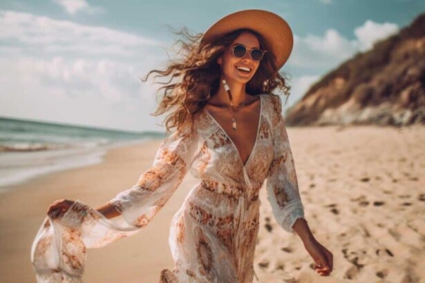 woman on a beach wearing a dress and hat