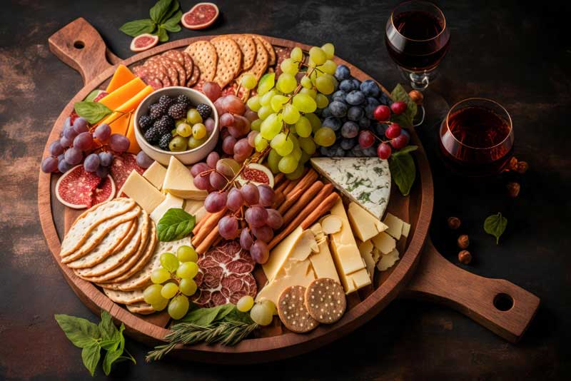 Platter with cheese grapes crackers and grapes