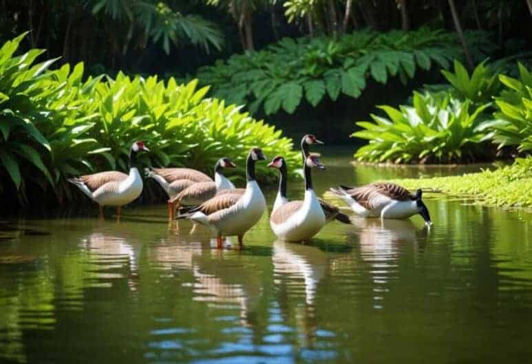 A flock of Hawaiian geese also known as Nene wadin scaled