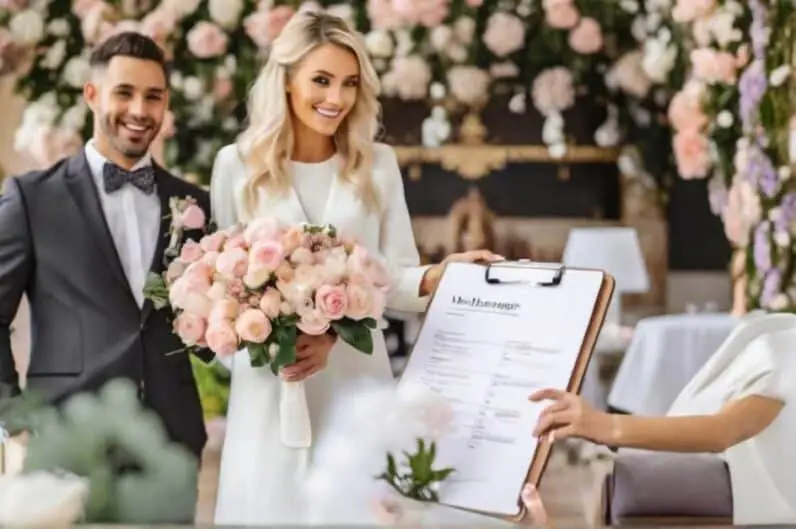 bride groom hold bouquet flowers scaled