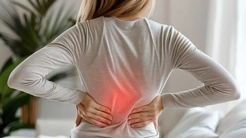 Woman with Lower Back Pain Clutching Her Back in Discomfort