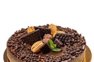Chocolate cake decorated with melted chocolate