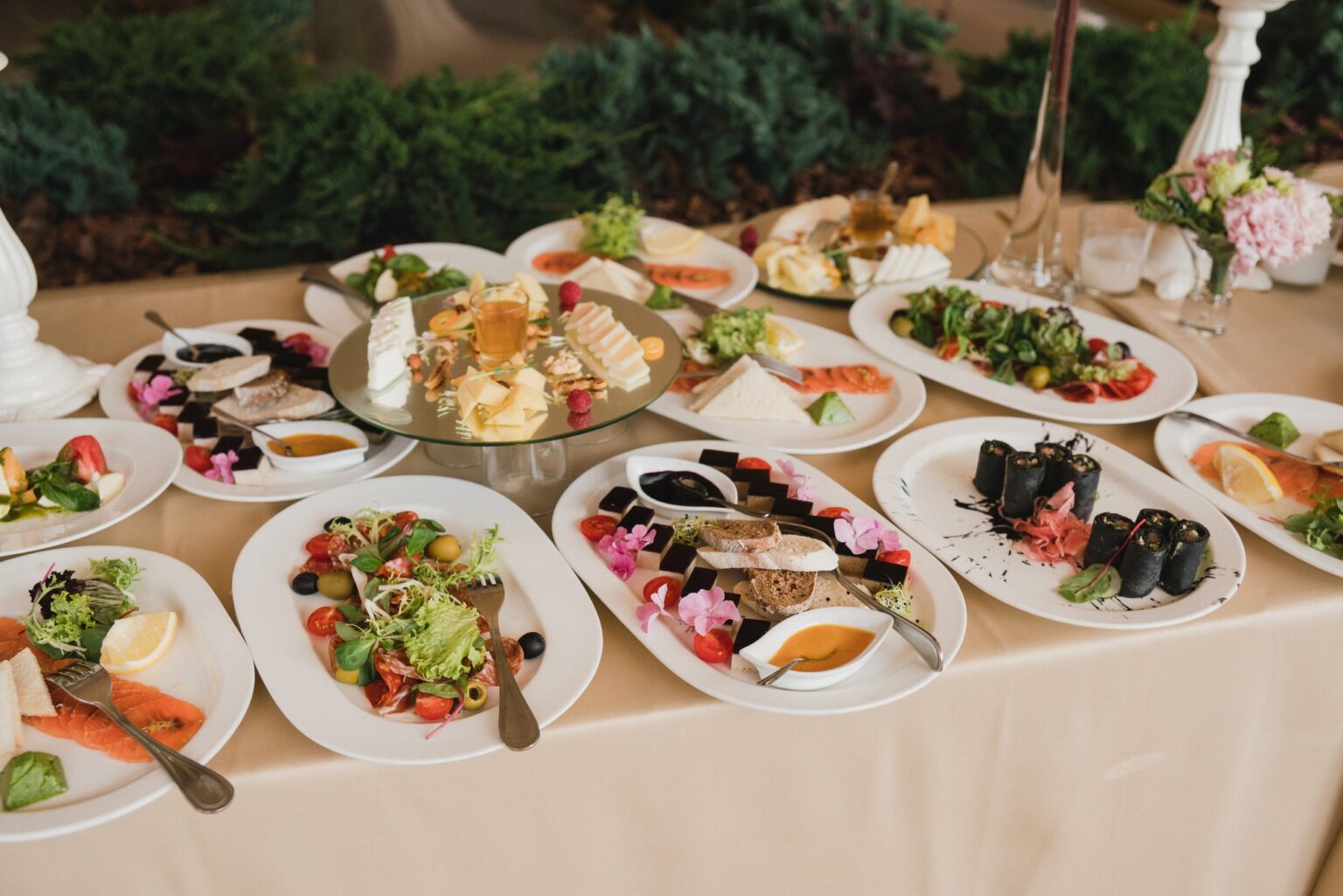 Catering banquet table at the wedding reception.